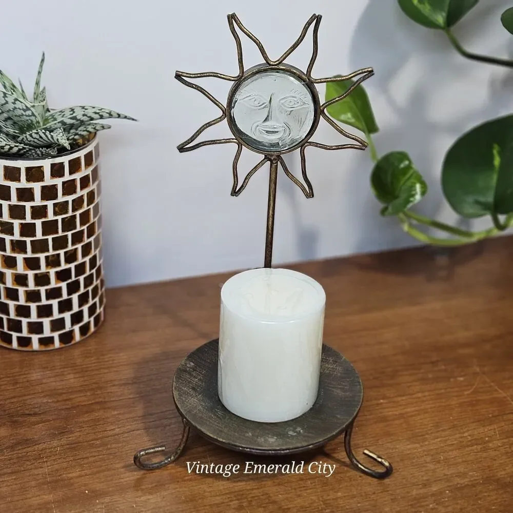 Vtg Sunburst Gold Metal Candle Holder Glass Sun Face 3d Mystical  Celestial Boho